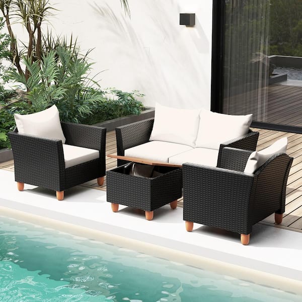 ANGELES HOME 4 Pieces Wicker Outdoor Patio Conversation Set with Storage Coffee Table, White Cushions