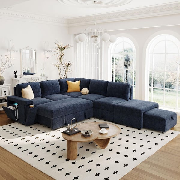 90.6 in. L-Shaped Padded Modular Chenille Sectional Sofa in Blue with Storage Space, USB Ports, and Cup Holders