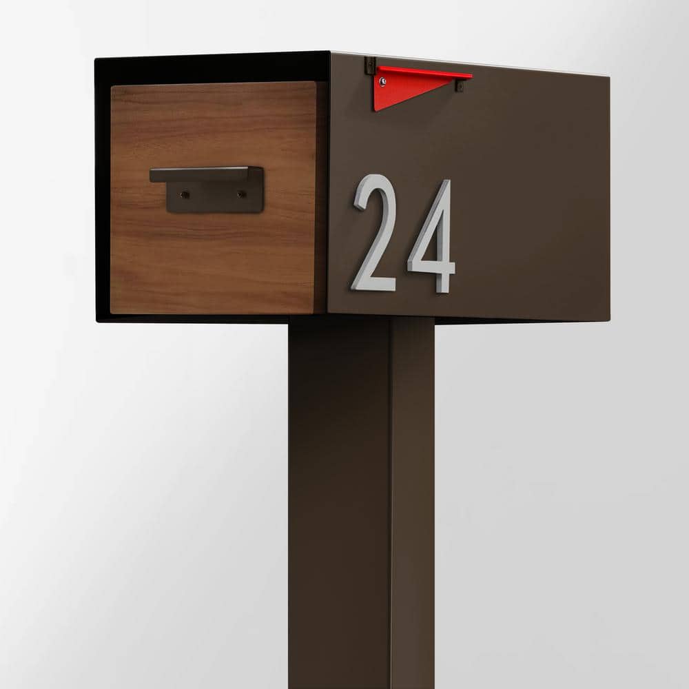 Malone Brown Steel Post-Mounted Mailbox with Wood-Styled Door