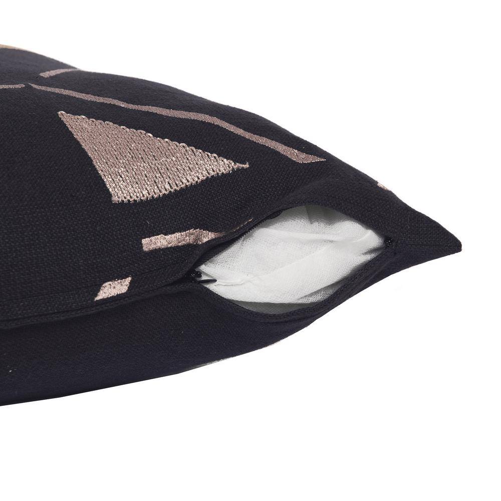 Black and Beige Embroidered Cotton Blend Square Throw Pillow