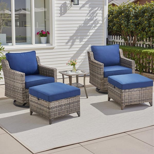 Hort Gray 5-Piece Wicker Outdoor Patio Conversation Swivel Rocking Chair Set with Blue Cushions