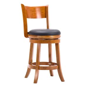 Sabi 37.5 in. Brown and Black High Back Solid Wood Swivel Counter Stool with Faux Leather Seat