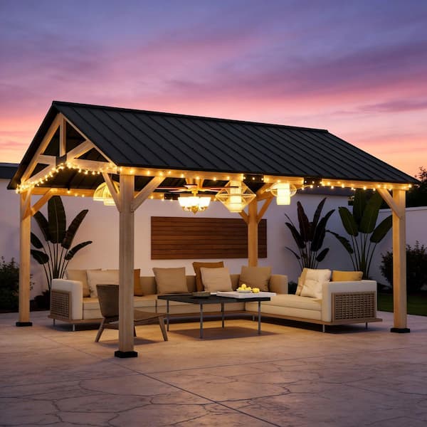 13 ft. x 11 ft. Cedar Wood Hardtop Outdoor Patio Gazebo with Galvanized Steel Roof and Ceiling Hook Brown