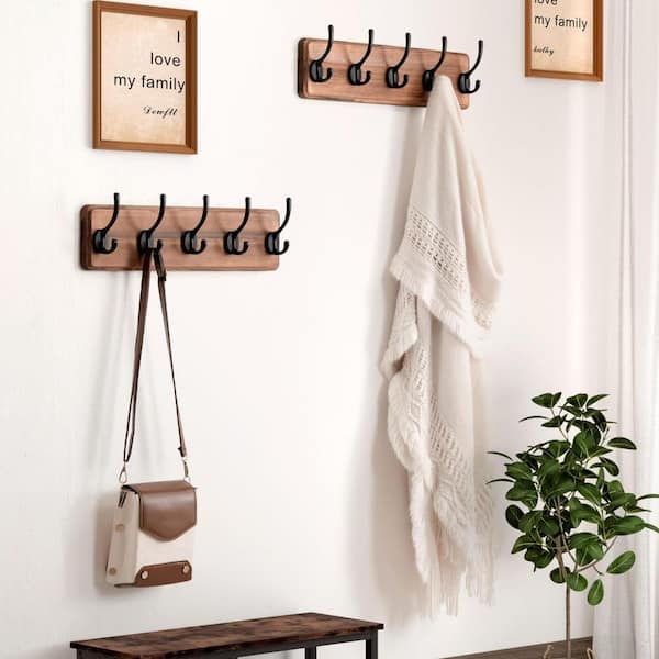 Coat Rack Wall Heavy-Duty 5-Double-Hooks Wooden Wall Mounted Coat Rack Coat Hanger Hook Rail 2 Pack Natural and Black