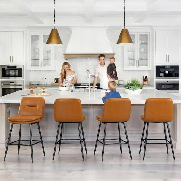 LUE BONA 24 in. Modern Metal Frame Whiskey Brown Faux Leather Upholstered Counter Stools with Footrest Set of 4