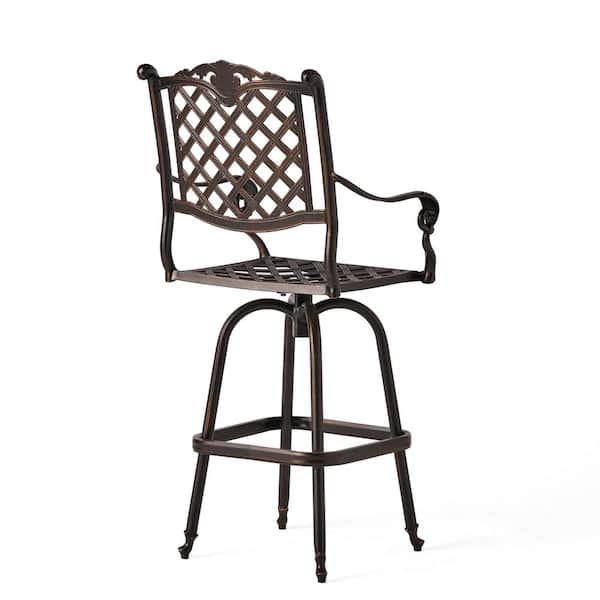 Traditional Swivel Cast Aluminum Outdoor Bar Stool with Classic Diamond Lattice Design Cabriole Legs And Rolled Armrests