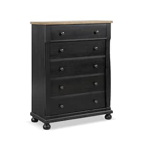 Windcrest Farmhouse Black/Rustic Oak 5-Drawer 38 in. Chest of Drawers With Cedarwood-Lined Bottom Drawers