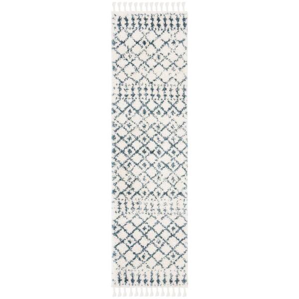 SAFAVIEH Berber Fringe Shag Cream/Blue 2 ft. x 10 ft. Ikat Runner Rug