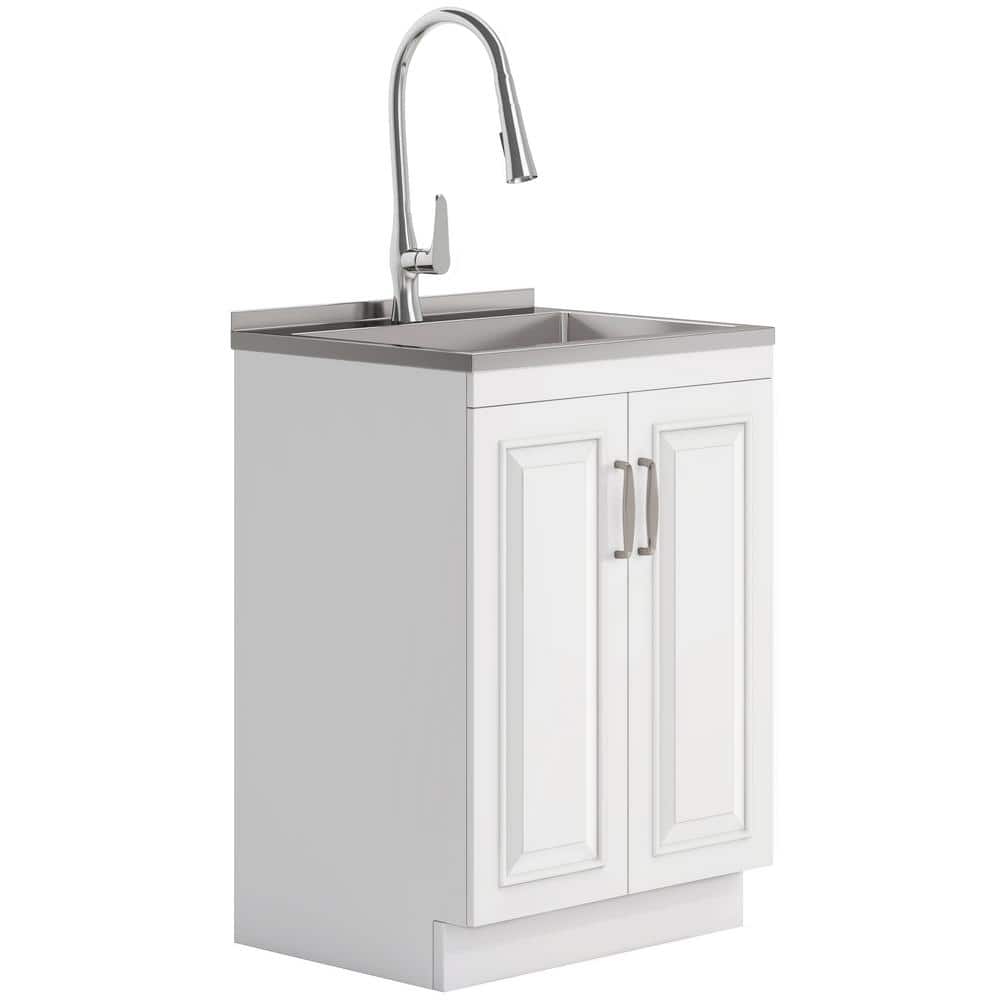 Darwin White 24 Inch Laundry Cabinet with Stainless Steel Sink