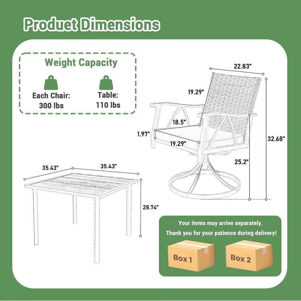 Product dimensions and weight capacity chart for patio set.