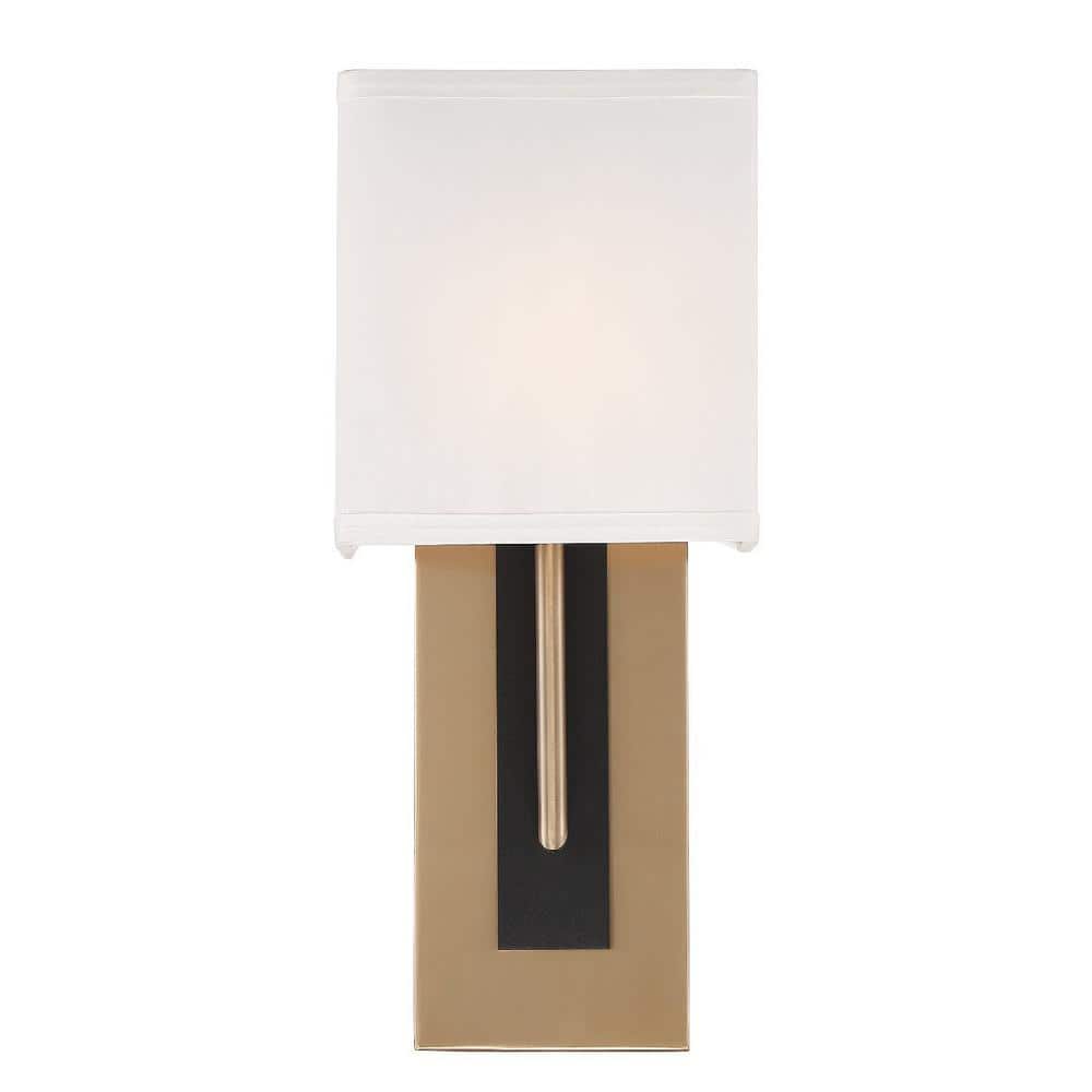 Vibrant Gold & Black Forged Dimmable Wall Sconce with White Silk Shade