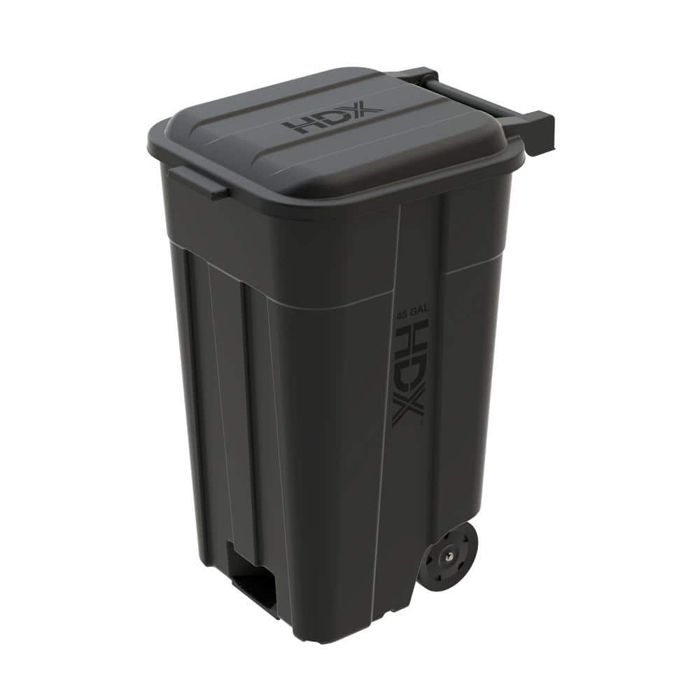 HDX 45 gal. Black Heavy Duty Outdoor Trash Can with Wheels and Attached Lid 999-2445W