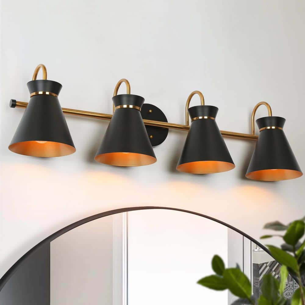 Zevni 31.5 in. 4-Light Black and Brass Wall Sconce, Industrial Bathroom ...