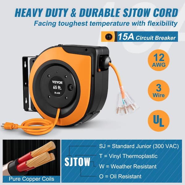 VEVOR Extension Cord Reel 65 ft. 15 Amp Heavy Duty Power Cord