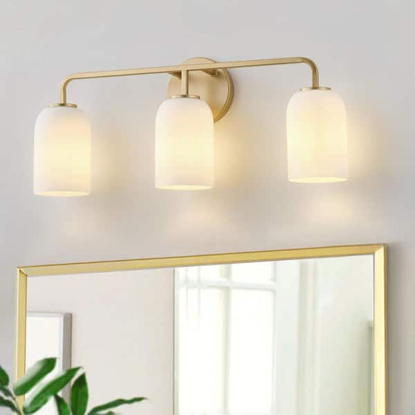 Modern 22.05 in. 3-Light Gold Bathroom Vanity Light Over Mirror with Milky White Glass Shades