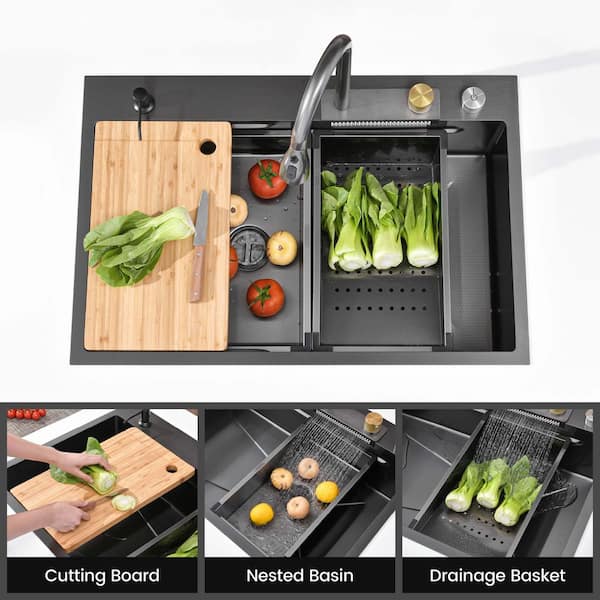 30 in. x 22 in. Black Stainless Steel Waterfall Workstation Kitchen Sink with Pull-Down Faucet and Cutting Board