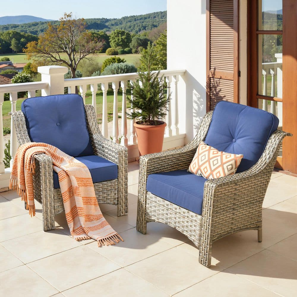 2-Piece High Back Patio Chairs Set with Navy Blue Cushions, All-Weather Wicker Outdoor Armchairs for Patio, Backyard price history on PriceWatchPro