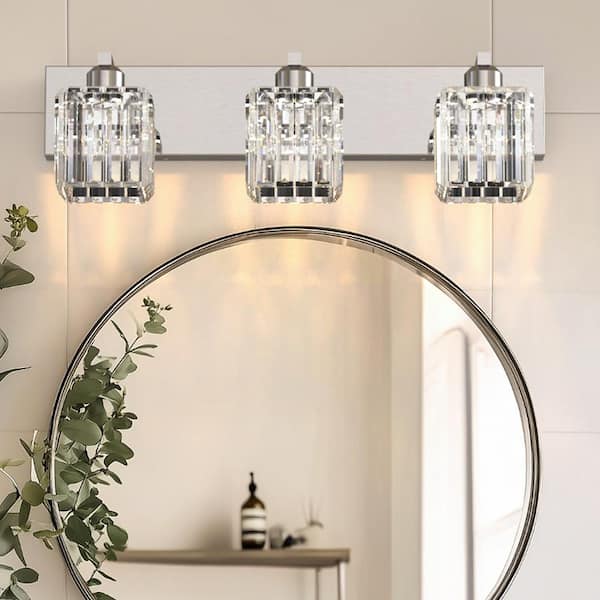 24.3-Light Modern Crystal Bathroom Integrated LED Vanity Light, Chrome Finish with Clear Glass Shades