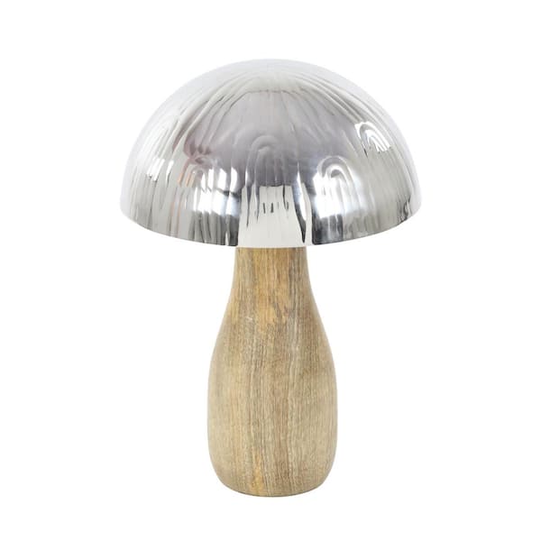 Litton Lane 11 in. Stainless Steel and Wood Decorative Mushroom Figurine