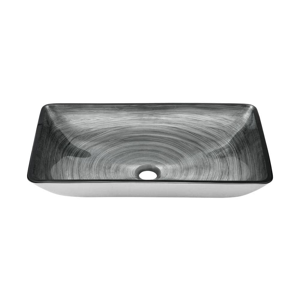 Smoky Gray Rectangular Glass Vessel Sink with Waterfall Faucet