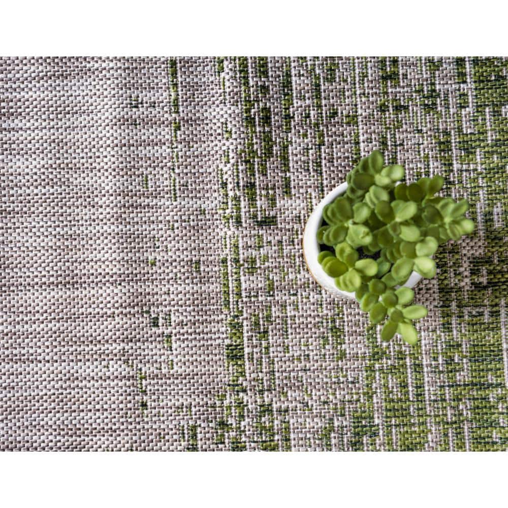 Modern Abstract 9' x 12' Gray and Green Synthetic Outdoor Rug