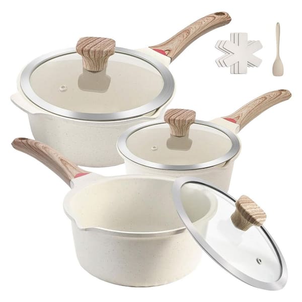 3 qt. Granite Nonstick Sauce Pan in White with Lid, Cast Aluminum Core, Induction Compatible, 1-Piece