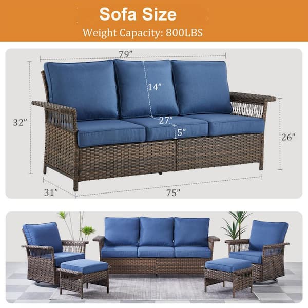 Modern 3-Seat Brown PE Wicker Outdoor Couch with Olefin Blue Cushions and Seagull Armrest