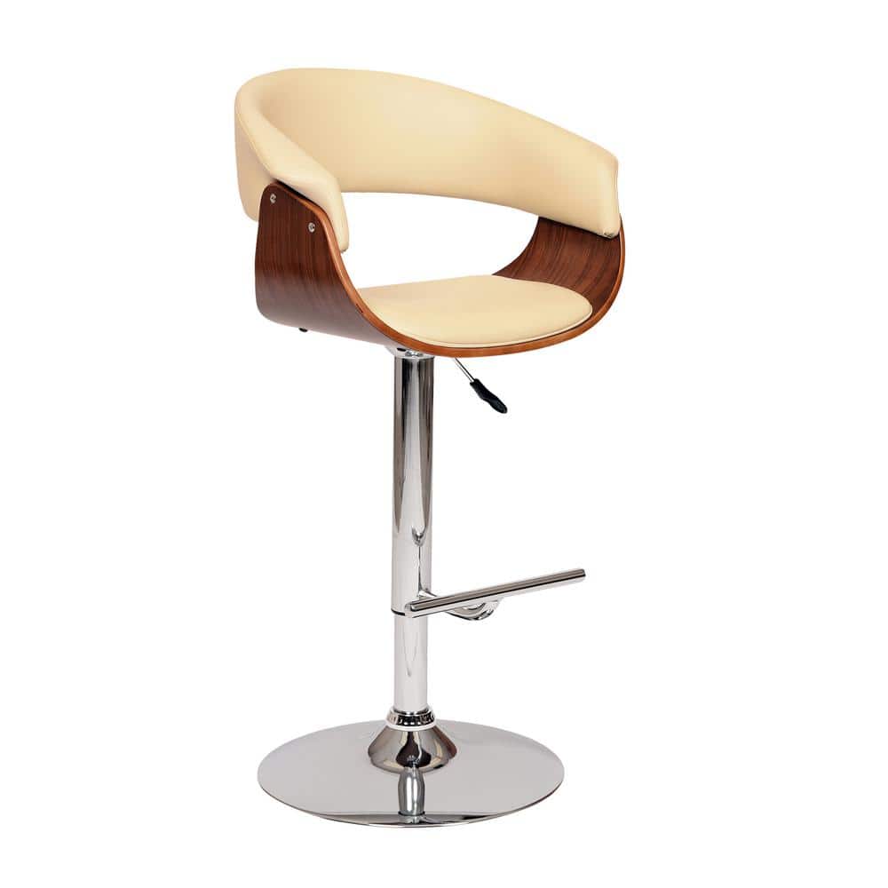 Cream Faux Leather Adjustable Swivel Barstool with Walnut Wood