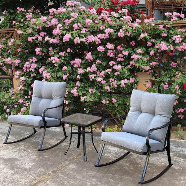 cenadinz Metal Outdoor Rocking Chair with Grey Cushions (2-Chairs Plus 1-Table)