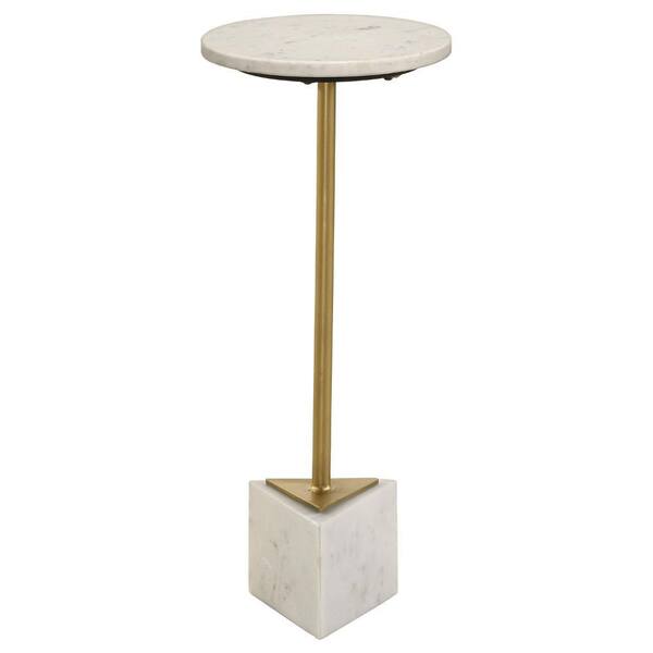White Marble Top Accent Table With Triangluar Gold Iron Base