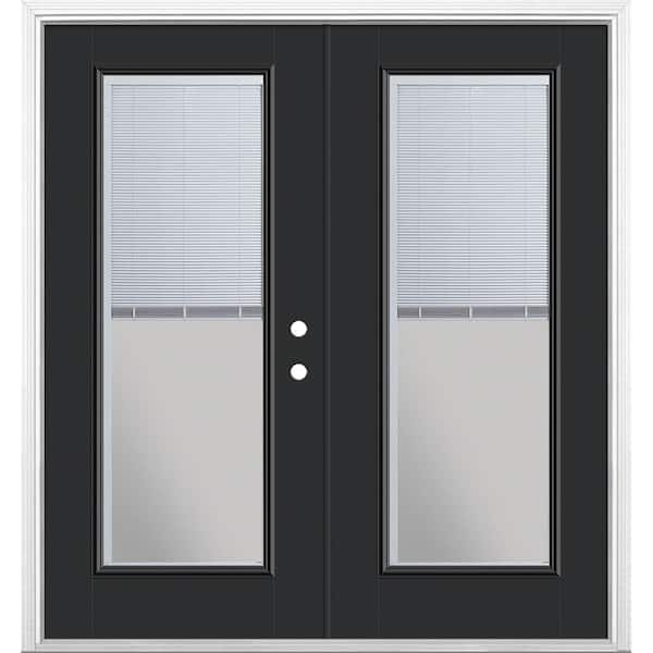 Masonite 72 in. x 80 in. Jet Black Fiberglass Prehung Left-Hand Inswing Mini Blind Patio Door with Brickmold