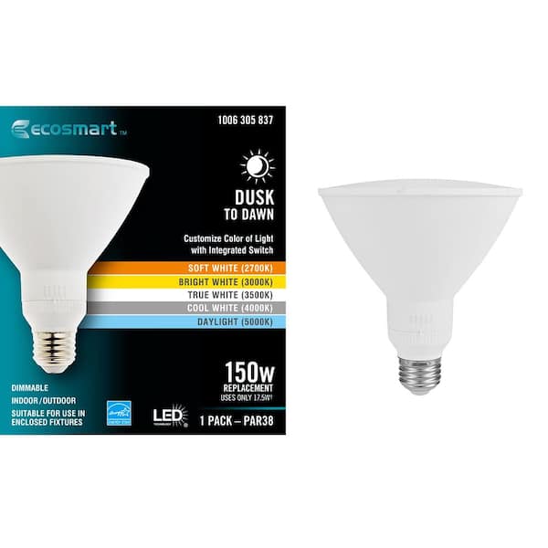EcoSmart 150-Watt Equivalent PAR38 Dimmable CEC Flood Dusk to Dawn with Selectable Color Temperature LED Light Bulb (1-Pack)