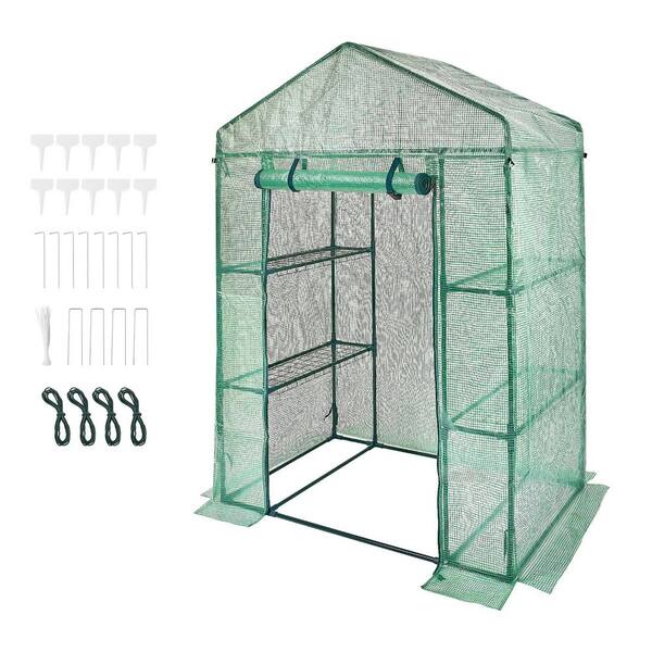 4.6 x 2.4 x 6.7 ft. Walk-in Greenhouse, PE Cover, Steel Frame, with Shelves, Doors & Windows, for Planting and Storage