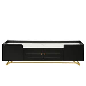63.07 in. Black Faux Marble Top TV Stand Fits TVs up to 70 in. with Fluted Glass and Gold Frame Base