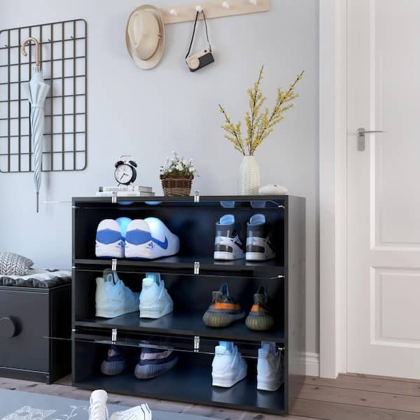 31.3 in. H x 14.76 in. W Black 12-Color LED Shoe Storage Cabinet with Glass Doors & Dust Protection