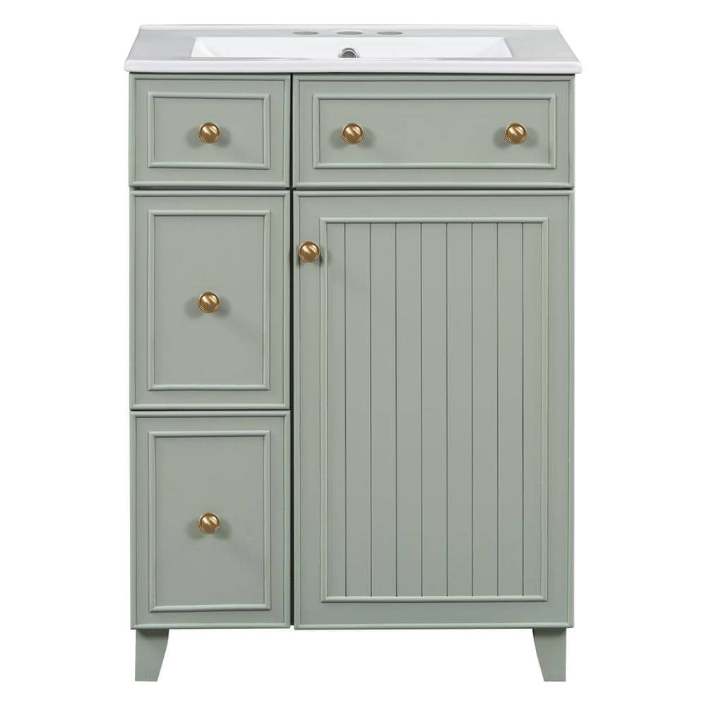 24 in. W Freestanding Bath Vanity in Green with White Ceramic Top