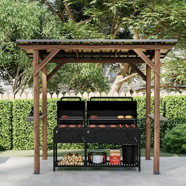 8.6 ft. x 5 ft. Cedar Wood Outdoor Grill Bar Gazebo with Galvanized Steel Sloped Roof and Shelves