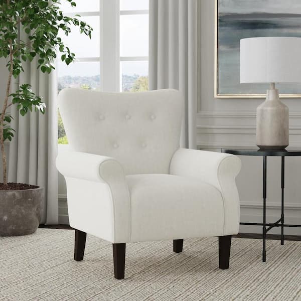 Cream Solid Woven Rolled Arm Accent Chair
