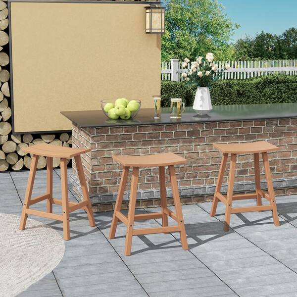 Franklin Teak 24 in. Poly HDPE Fade Resistant Outdoor Patio Saddle Seat Counter Height Bar Stool (Set of 3)