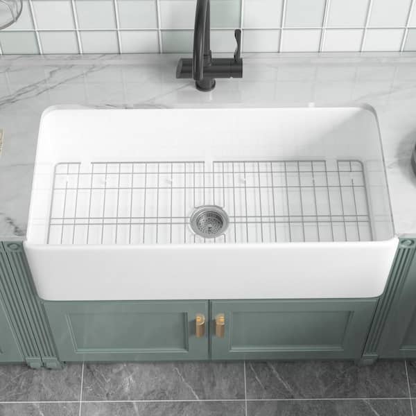 36 in. Fireclay Farmhouse Sink Apron Front Single Bowl Kitchen Sink White Fireclay Sink with Bottom Grid and Sink Drain