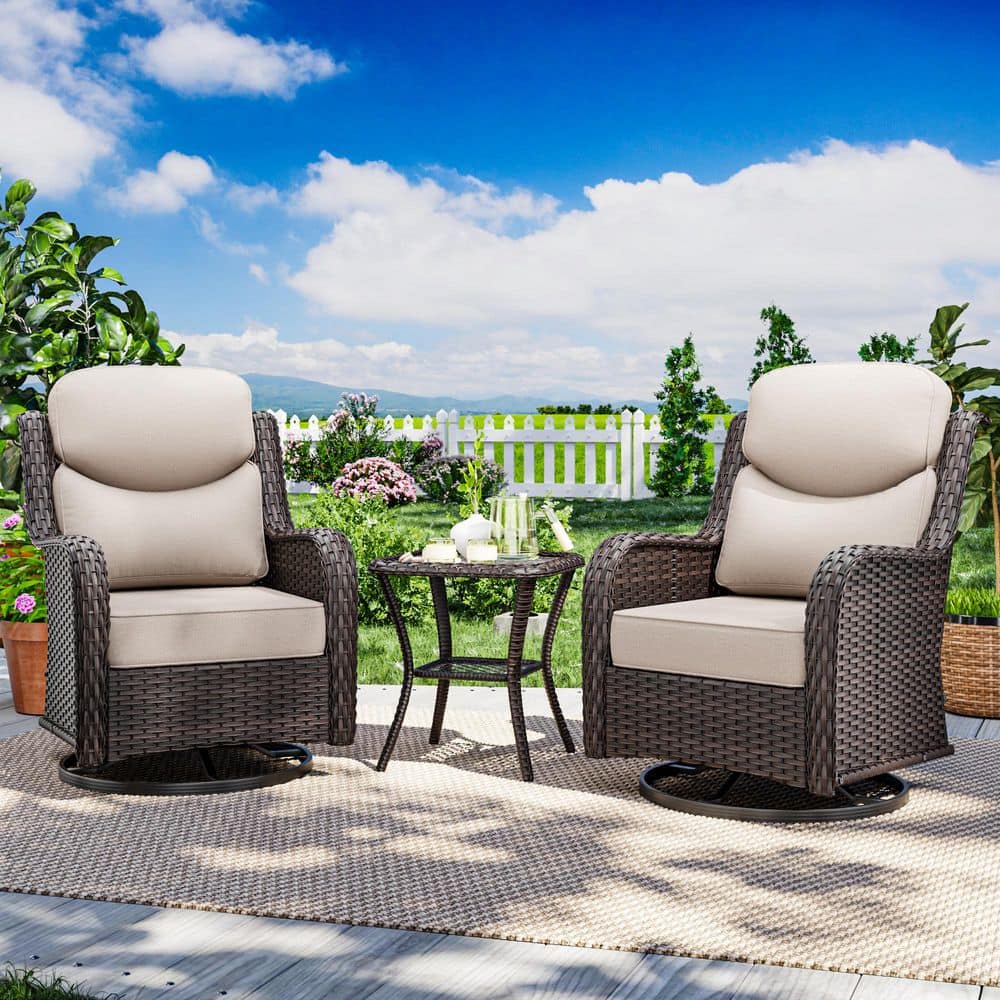 3-Piece Brown Swivel Wicker Outdoor Lounge Chair Patio Chat Set with Thick Beige Cushions price history on PriceWatchPro
