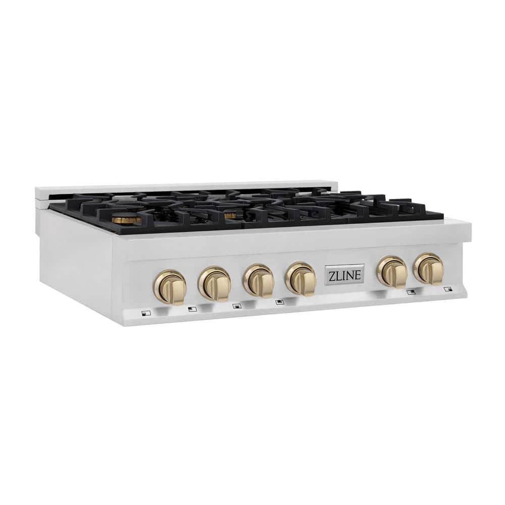 ZLINE Kitchen and Bath Autograph Edition 36 in. 6 Burner Front Control Gas Cooktop with Polished Gold Knobs in Fingerprint Resistant Stainless, Fingerprint Resistant Stainless Steel & Polished Gold