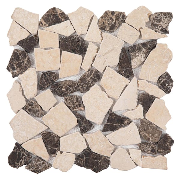 Giorbello Tumbled Pebbles Brown and Beige 12 in. x 12 in. Marble Mosaic Tile (5 sq. ft.)