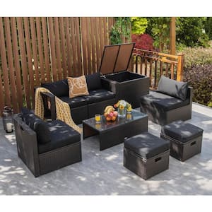 8-Pieces Wicker Patio Sectional Seating Set Rattan Furniture Set with Black Cushions, Storage Box and Waterproof Cover