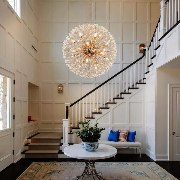 35.43 in. 20-Light Gold Sputnik Sphere Pendant Dimmable Crystal Chandelier