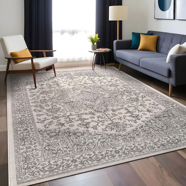 Athena Gray 8 ft. x 10 ft. Rubber Back Washable Oriental Border Indoor Outdoor Patio Area Rug