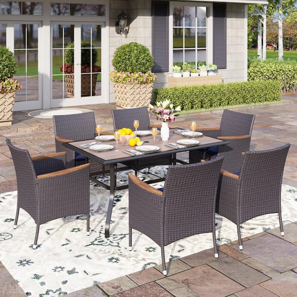 PHI VILLA Black 7-Piece Metal Patio Outdoor Dining Set with Wood-Look Umbrella Table and Rattan Chairs with Blue Cushion