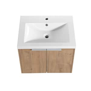 48 in. W Floating Single Single Sink in Oak with White Resin Basin Top and 2-Soft Close Side Cabinet Bath Vanity