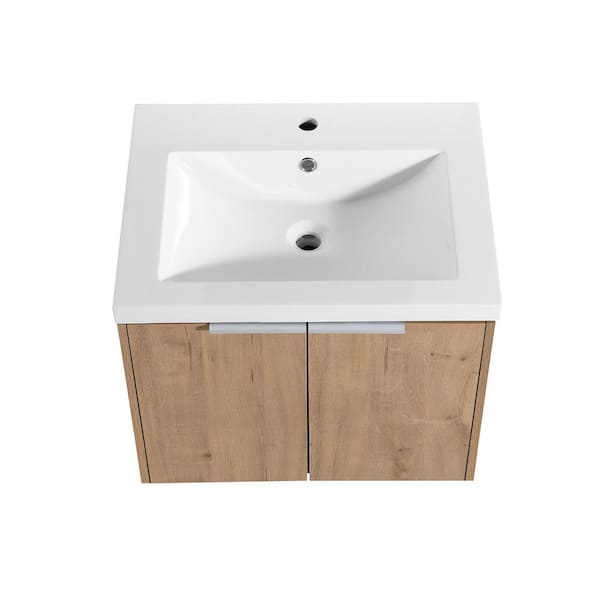 Aoibox 48 in. W Floating Single Single Sink in Oak with White Resin Basin Top and 2-Soft Close Side Cabinet Bath Vanity