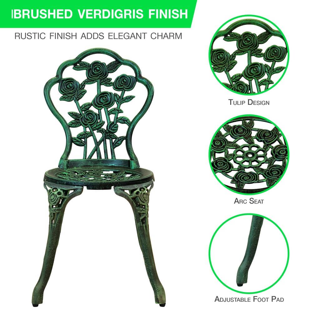 Verdigris Cast Iron and Aluminum Rose Pattern Bistro Set